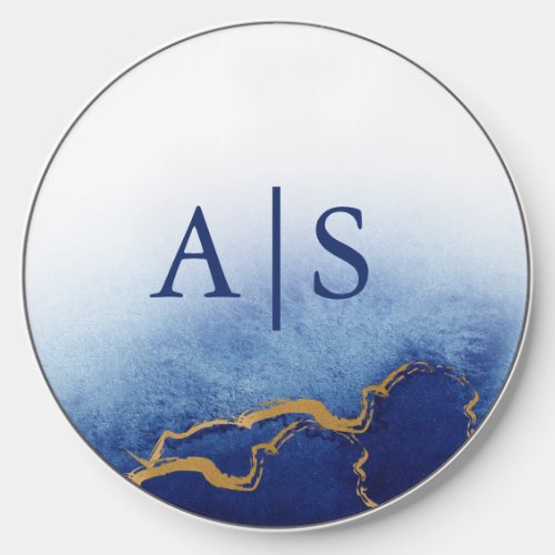 Blue and Gold Watercolor Monogram Wireless Charger