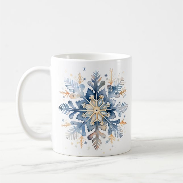 Blue and gold watercolor snowflake  coffee mug (Left)
