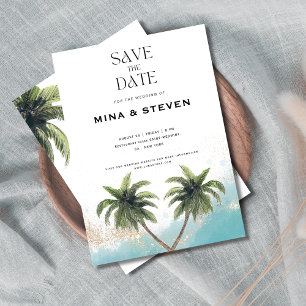 Blue and gold watercolor tropical beach wedding save the date