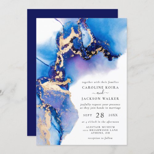 Blue and Gold Watercolor Wedding Invitation