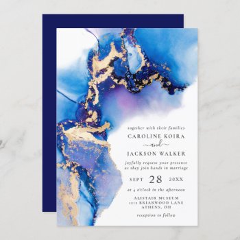Blue And Gold Watercolor Wedding Invitation by dulceevents at Zazzle