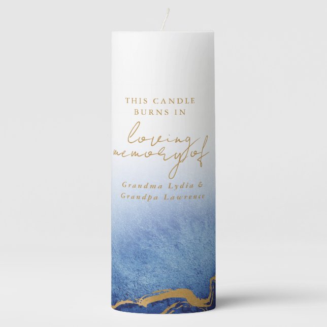 Blue and Gold Watercolor Wedding Memorial Candle (Front)