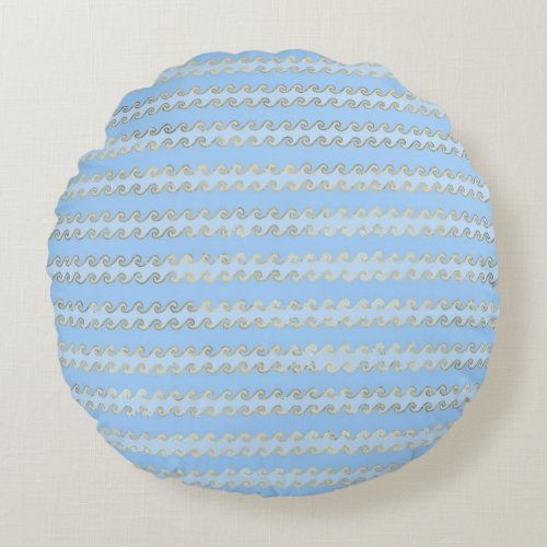Blue and Gold Waves design Round Pillow