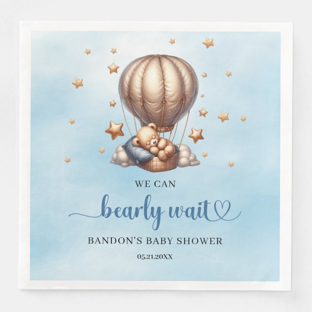 Blue and gold We can bearly wait teddy bear Paper Dinner Napkins (Front)