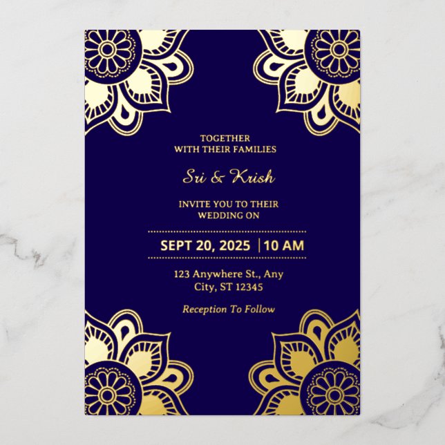 Blue And Gold Wedding Foil Invitation (Front)