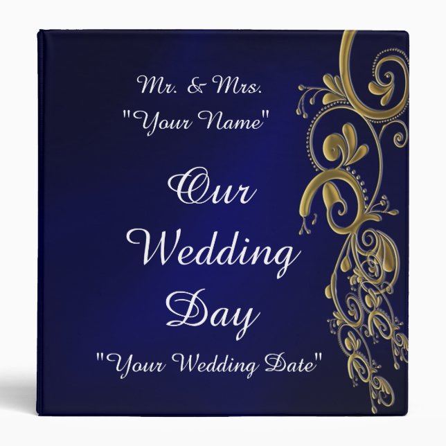 Blue and Gold Wedding Photo Album 3 Ring Binder (Front)