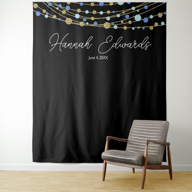 blue and gold wedding photo backdrop party banner (In Situ)
