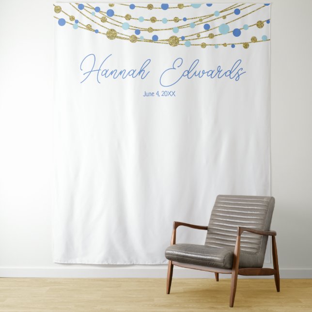 blue and gold wedding photo backdrop party banner (In Situ)