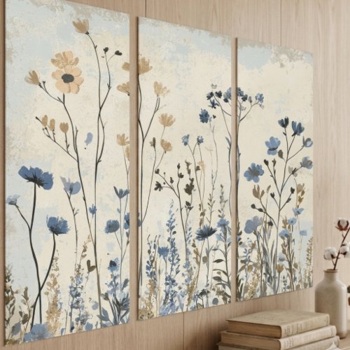 Blue and Gold Wildflower Botanical Meadow Triptych