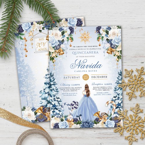 Blue and Gold Winter Wonderland Quinceanera Invitation