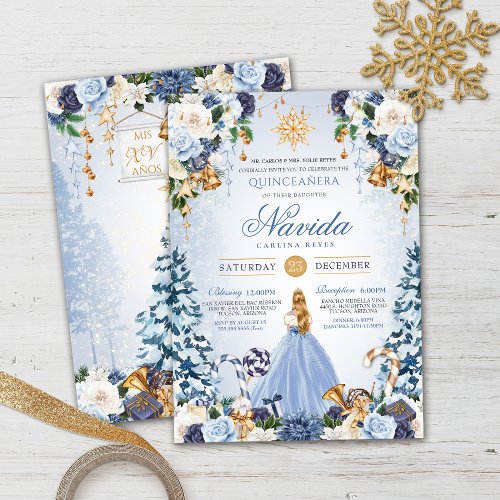 Blue and Gold Winter Wonderland Quinceaera  Invitation