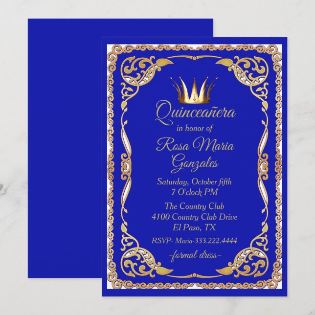 Blue and Gold with Crown Quinceanera Invitation (Front/Back)