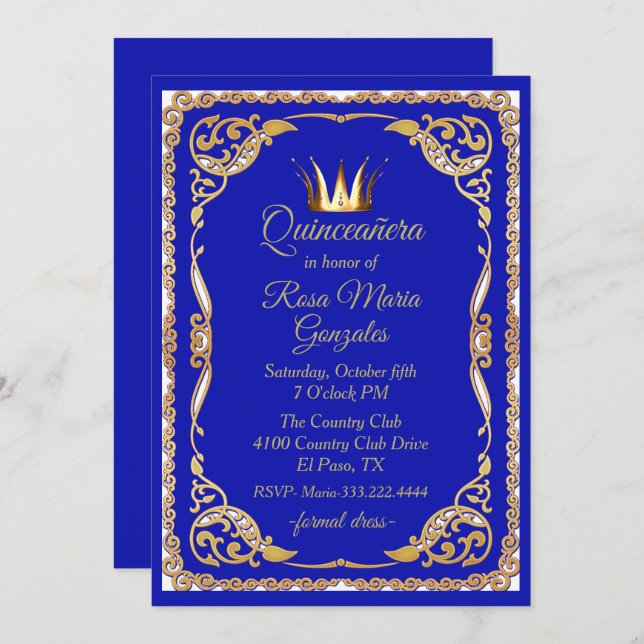 Blue and Gold with Crown Quinceanera Invitation (Front/Back)