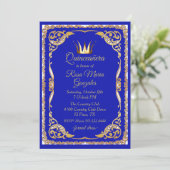 Blue and Gold with Crown Quinceanera Invitation (Standing Front)
