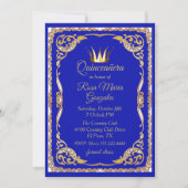 Blue and Gold with Crown Quinceanera Invitation (Front)