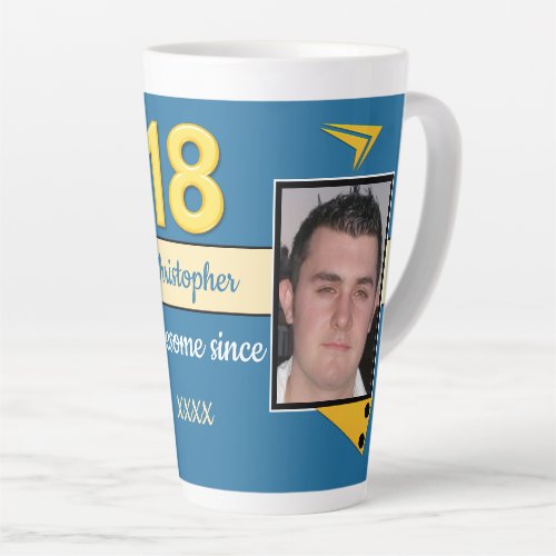 Blue and gold with name 18th birthday photo latte mug