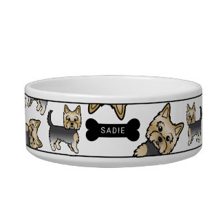 Blue And Gold Yorkie Dogs Pattern &amp; Name Bowl