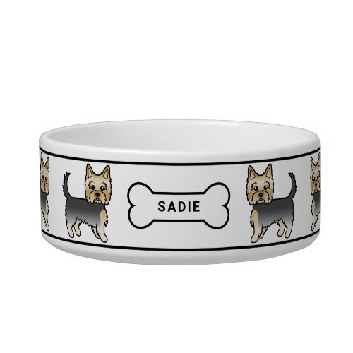 Blue And Gold Yorkie Terrier Dogs With Bone  Name Bowl