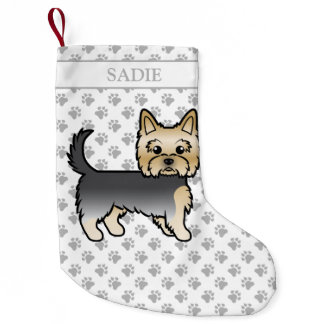 Blue And Gold Yorkshire Terrier Cartoon Dog &amp; Name Small Christmas Stocking