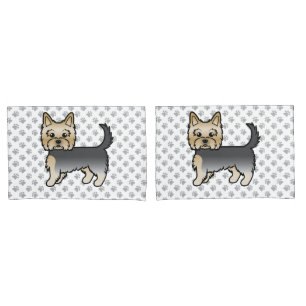 Blue And Gold Yorkshire Terrier Cartoon Dog & Paws Pillow Case