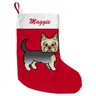 Blue And Gold Yorkshire Terrier On Red &amp; Name Small Christmas Stocking