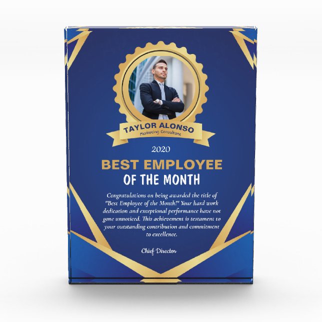 Blue and Golden Design Employee of the month  Acrylic Award (Front)
