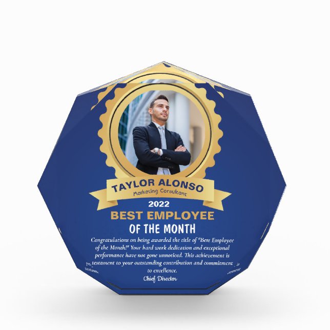 Blue and Golden Design Employee of the month  Acrylic Award (Front)