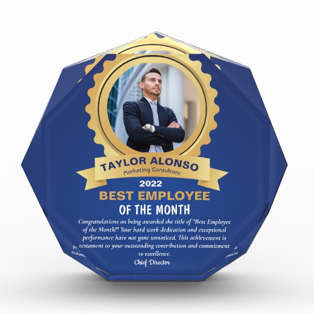 Blue and Golden Design Employee of the month  Acrylic Award (Front)
