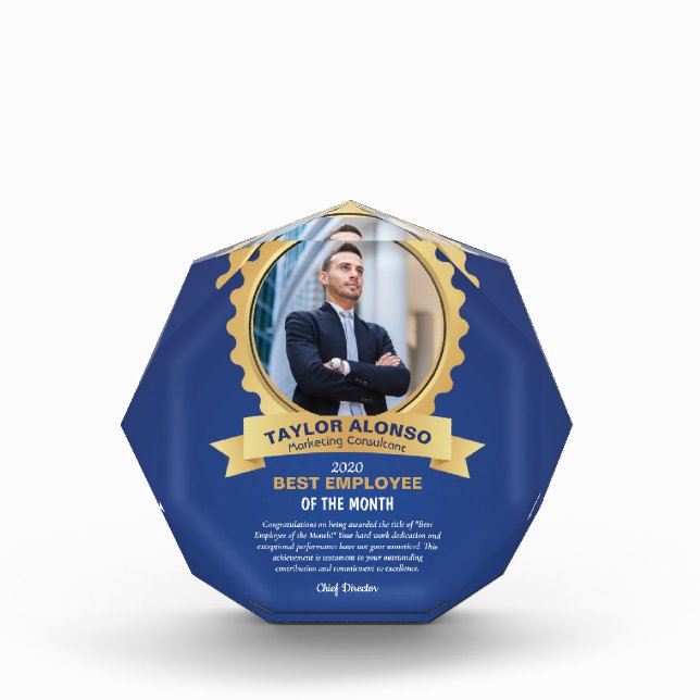 Blue and Golden Design Employee of the month  Acrylic Award (Front)