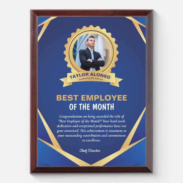 Blue and Golden Design Employee of the month  Award Plaque (Vertical)