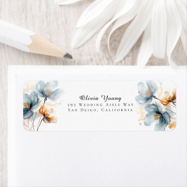 Blue and Golden Ethereal Floral Address Label (Insitu)