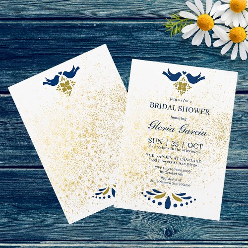 Blue And Golden Love Birds Mexican Bridal Shower Invitation
