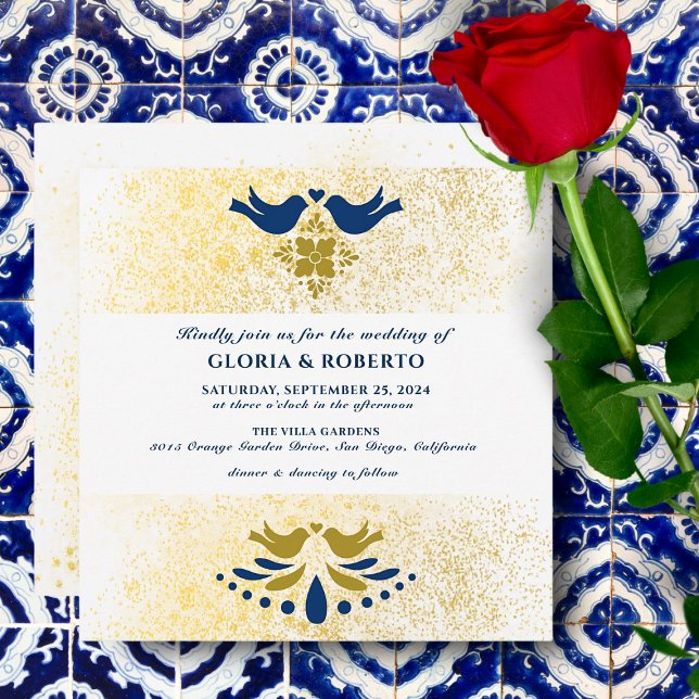 Blue And Golden Love Birds Mexican Wedding Square Invitation (Creator Uploaded)