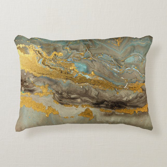 Blue and golden marble pattern accent pillow (Front)