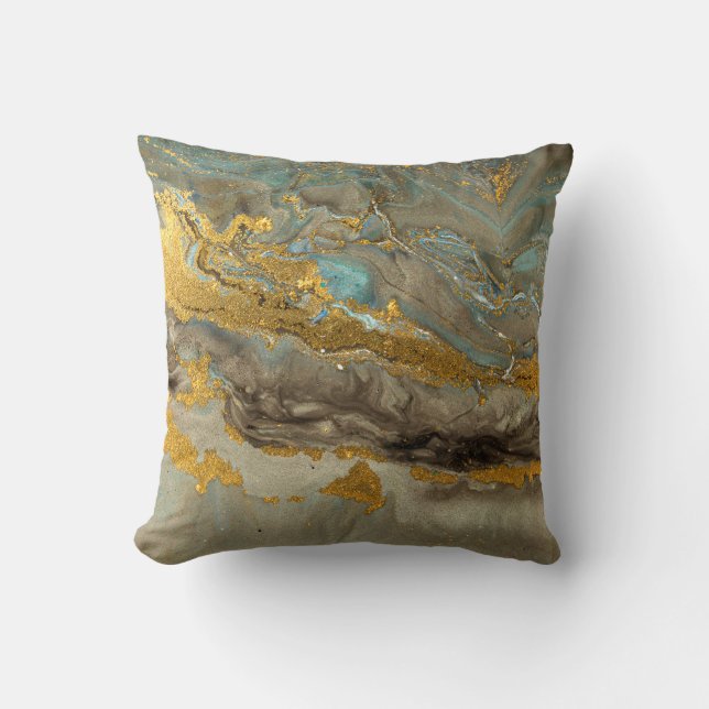 Blue and golden marble pattern throw pillow (Front)