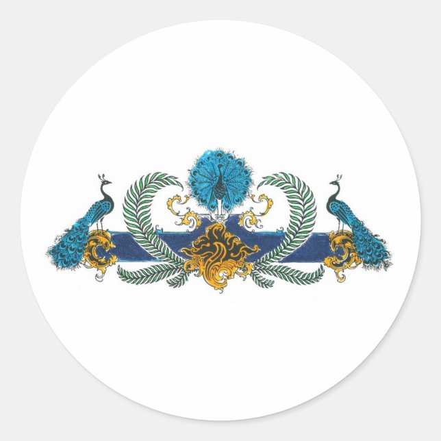 Blue and golden peacocks and wreaths classic round sticker (Front)