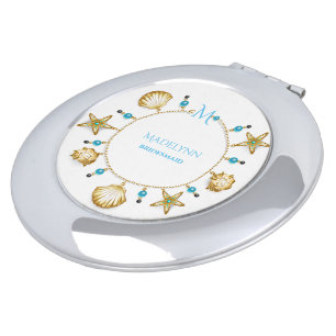 Blue and Golden Seashells Bridesmaid Elegant Compact Mirror
