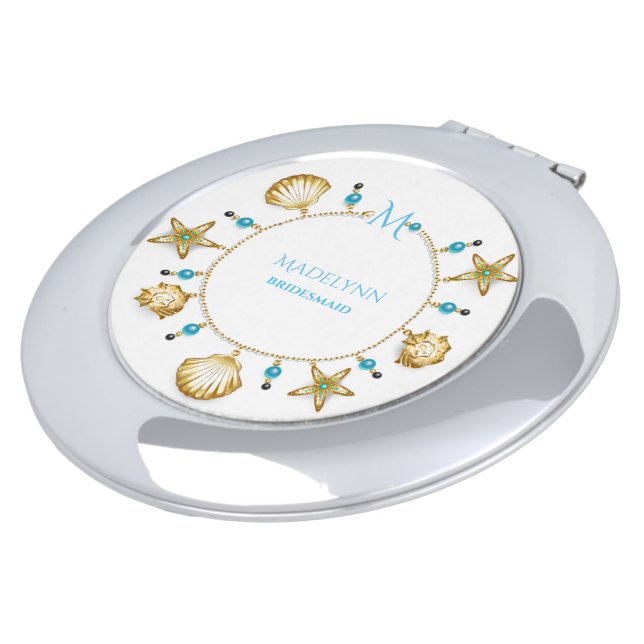 Blue and Golden Seashells Bridesmaid Elegant Compact Mirror (Turned)