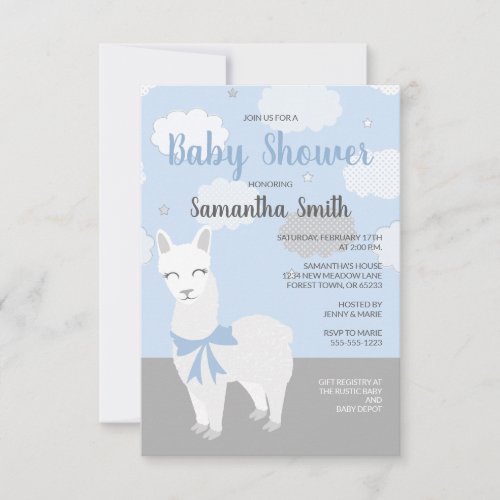 Blue and Gray Alpaca Baby Shower Invitation