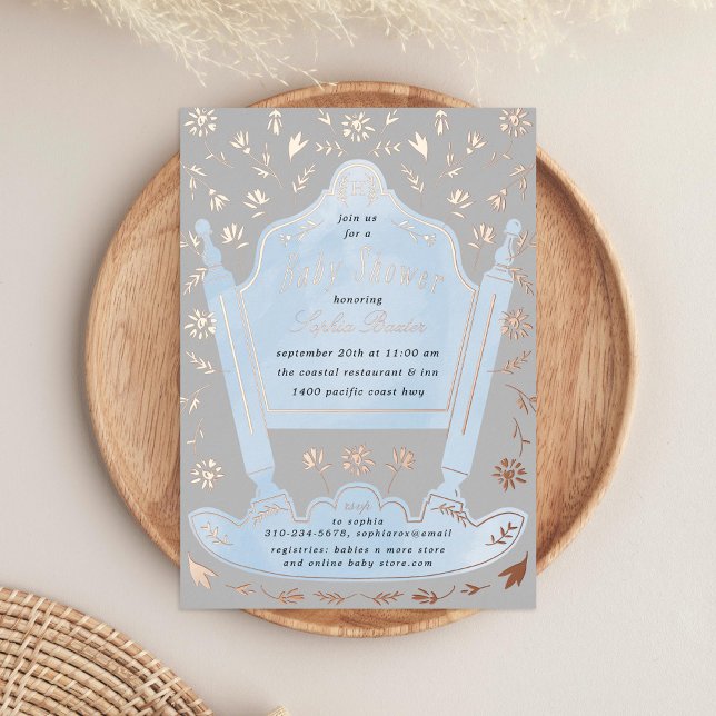 Blue and Gray Antique Cradle Baby Shower Rose Gold Foil Invitation (Creator Uploaded)