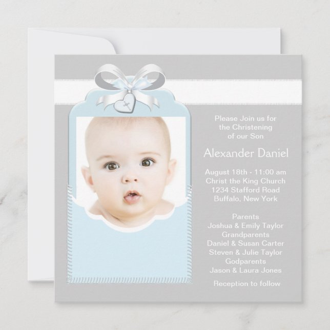 Blue and Gray Baby Boy Photo Christening Invitation (Front)