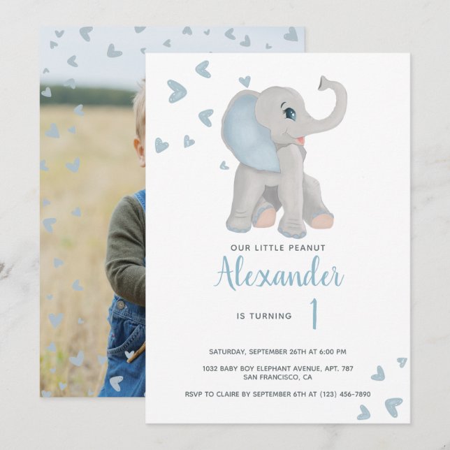 Blue and Gray Baby Elephant 1st Birthday Photo Invitation (Front/Back)