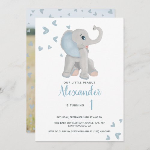 Blue and Gray Baby Elephant 1st Birthday Photo Invitation
