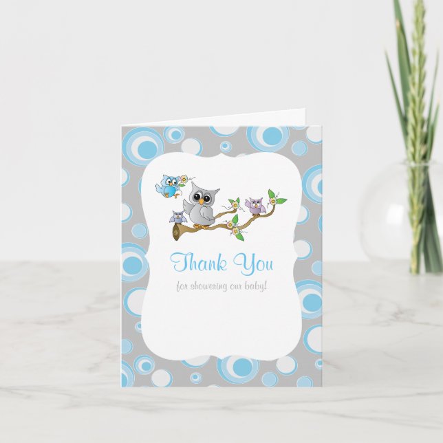 Blue and Gray Baby Owl Baby Shower Thank You (Front)