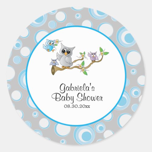 Blue and Gray Baby Owl Baby Shower Theme Classic Round Sticker