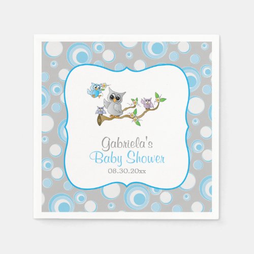 Blue and Gray Baby Owl Baby Shower Theme Paper Napkins