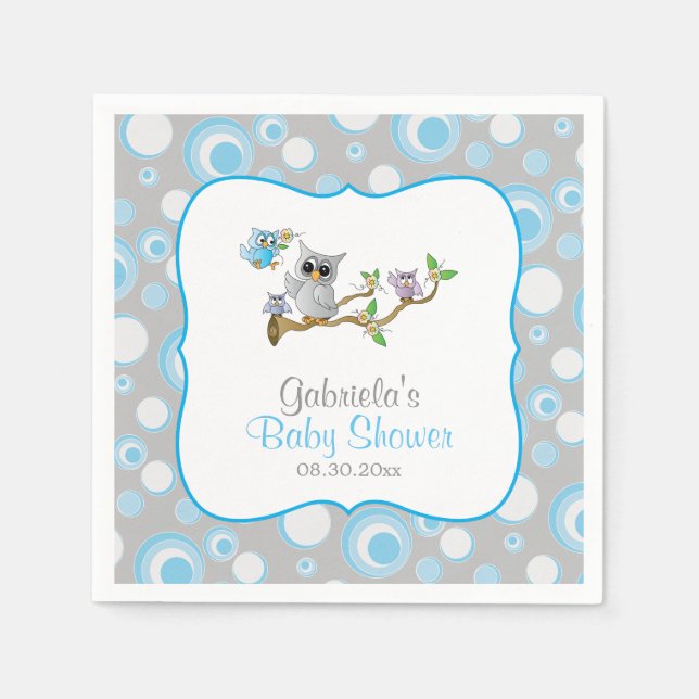 Blue and Gray Baby Owl Baby Shower Theme Paper Napkins (Front)