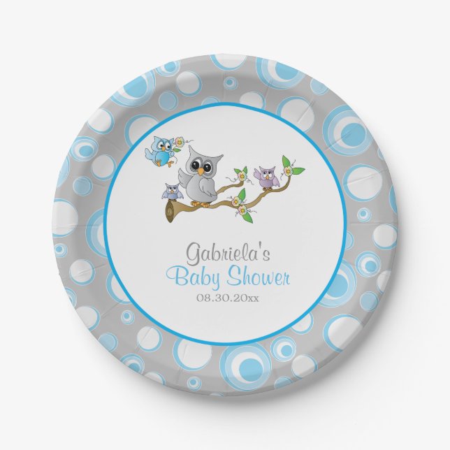 Blue and Gray Baby Owl Baby Shower Theme Paper Plates (Front)