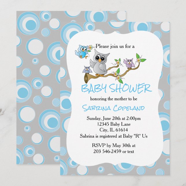 Blue and Gray Baby Owl 🦉| Shower Theme Invitation (Front/Back)