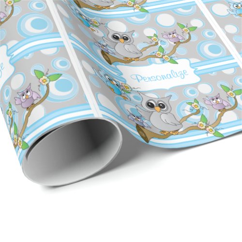 Blue and Gray Baby Owl  Shower Theme Wrapping Paper